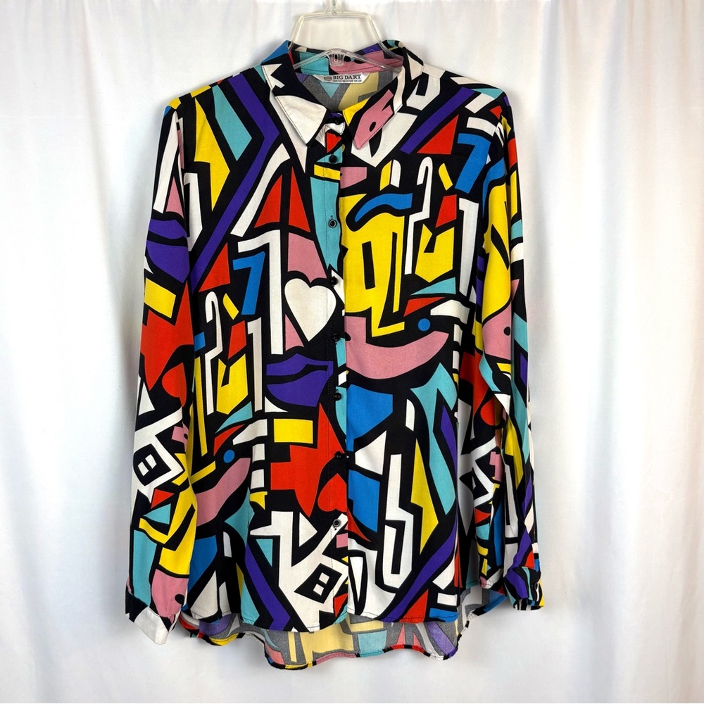 Multi Color Geometric Print Button Up Blouse with Collar
